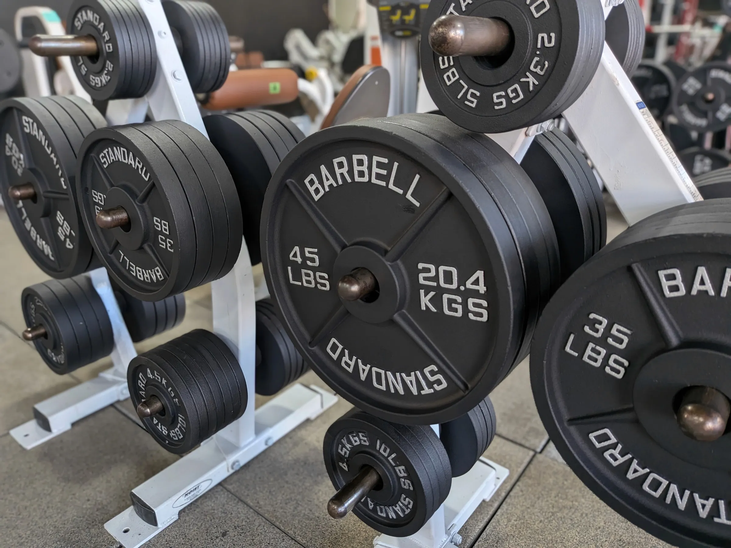 Olympic Standard plates marked 45 LBS and 20.4 KGS on the same plate